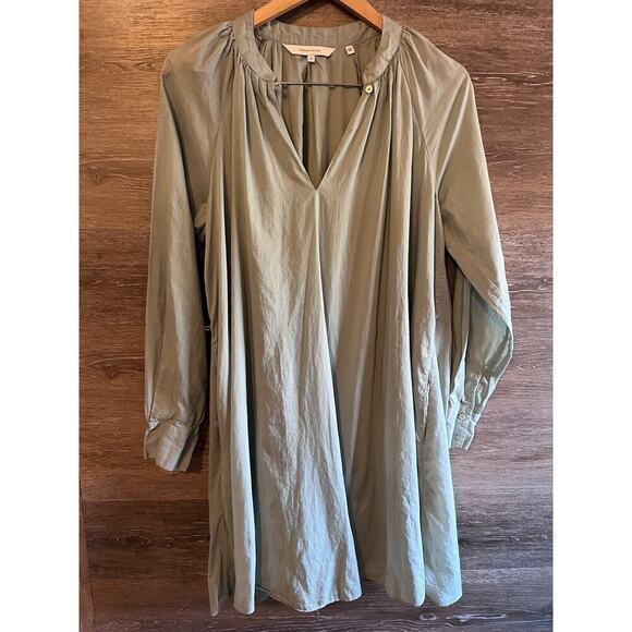 Rebecca Taylor Dress Sz M Sage Green V Neck Cotton Lined Long Sleeves Pockets - Picture 2 of 10